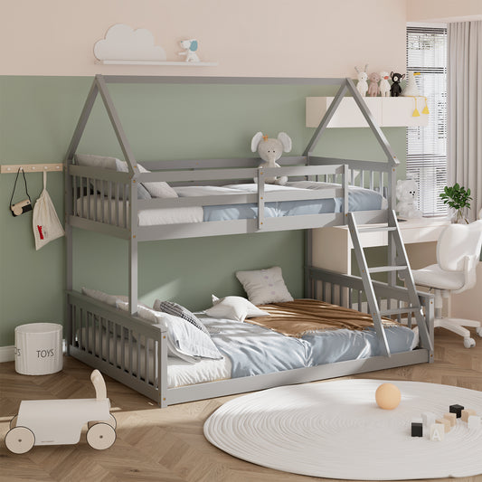 Twin Over Full House Bunk Bed with Ladder and Guardrails