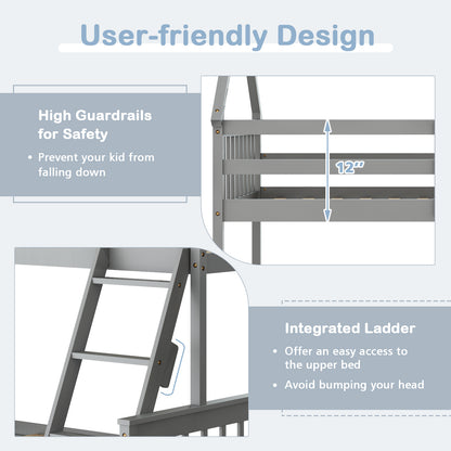 Twin Over Full House Bunk Bed with Ladder and Guardrails