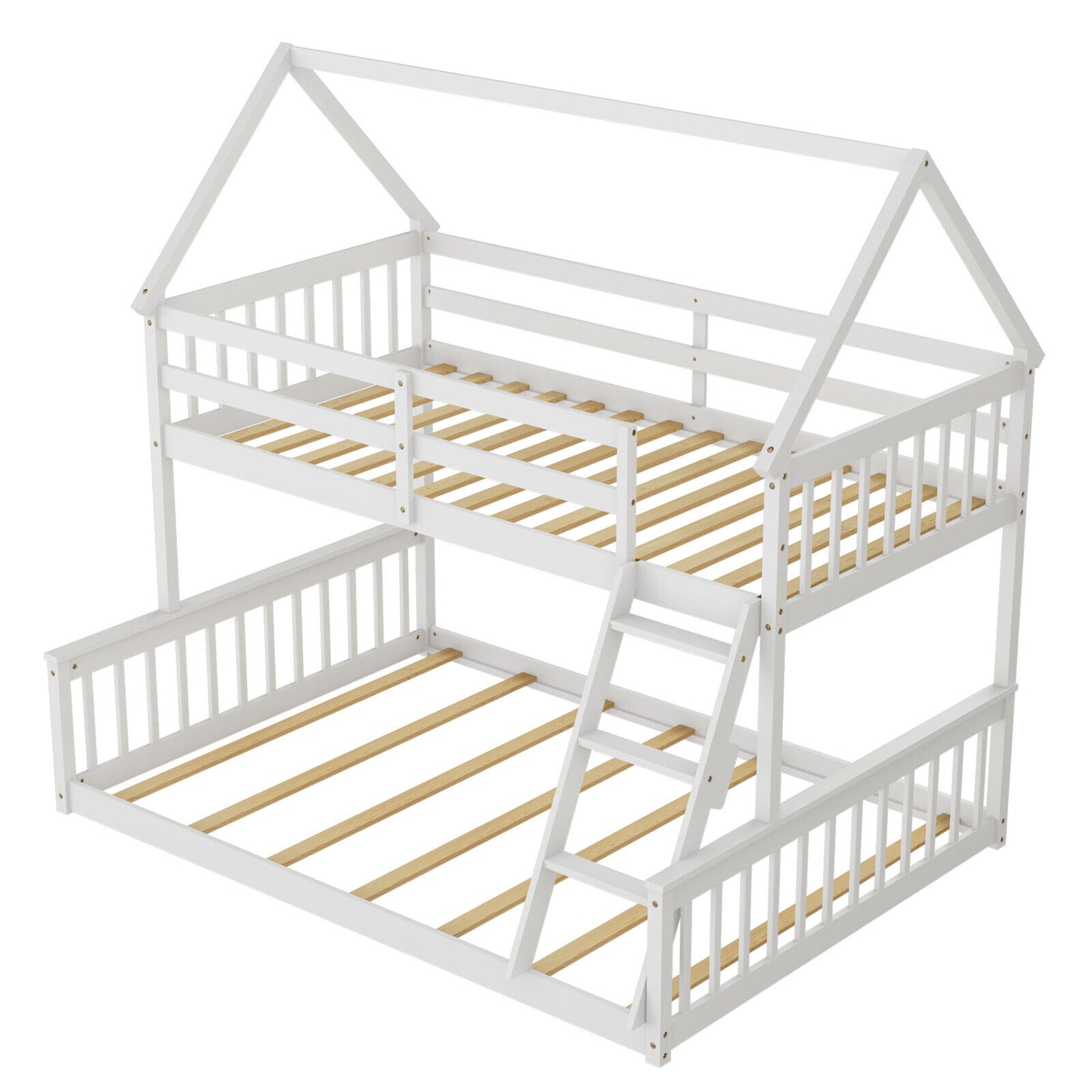 Twin Over Full House Bunk Bed with Ladder and Guardrails-White - White