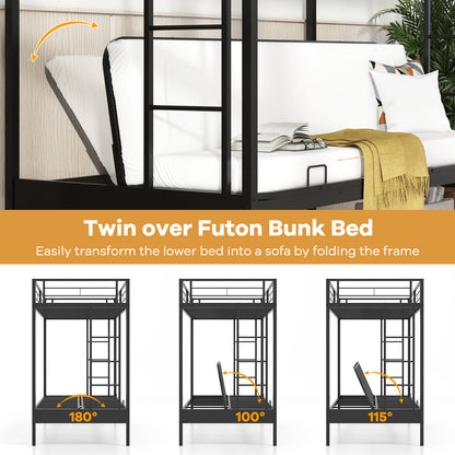 Twin Over Futon Bunk Bed with 2 Ladders and Safety Guardrails-Black