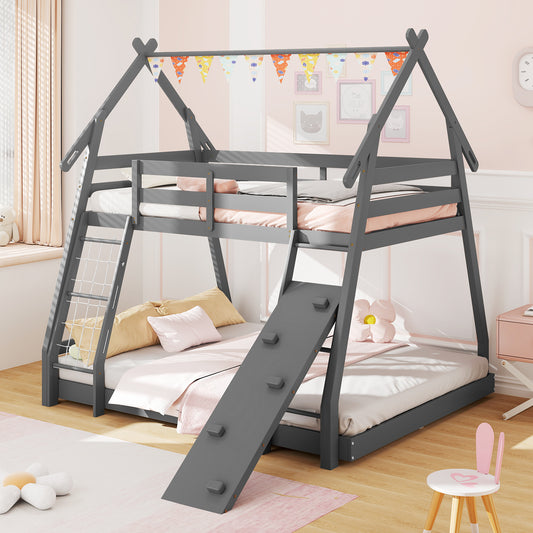 Twin Over Queen Bunk Bed Wooden Kids Bed with Climbing Nets and Ramp