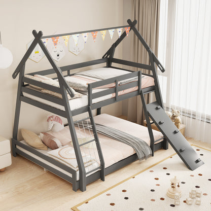 Twin Over Queen Bunk Bed Wooden Kids Bed with Climbing Nets and Ramp