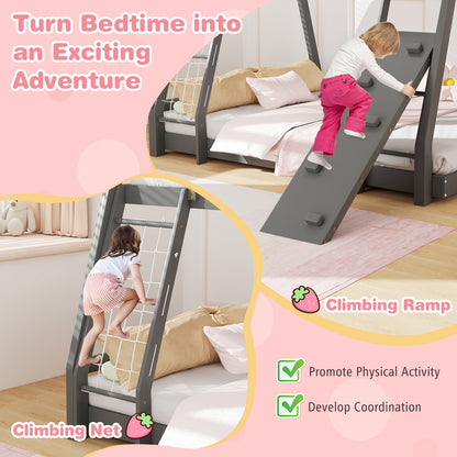 Twin Over Queen Bunk Bed Wooden Kids Bed with Climbing Nets and Ramp