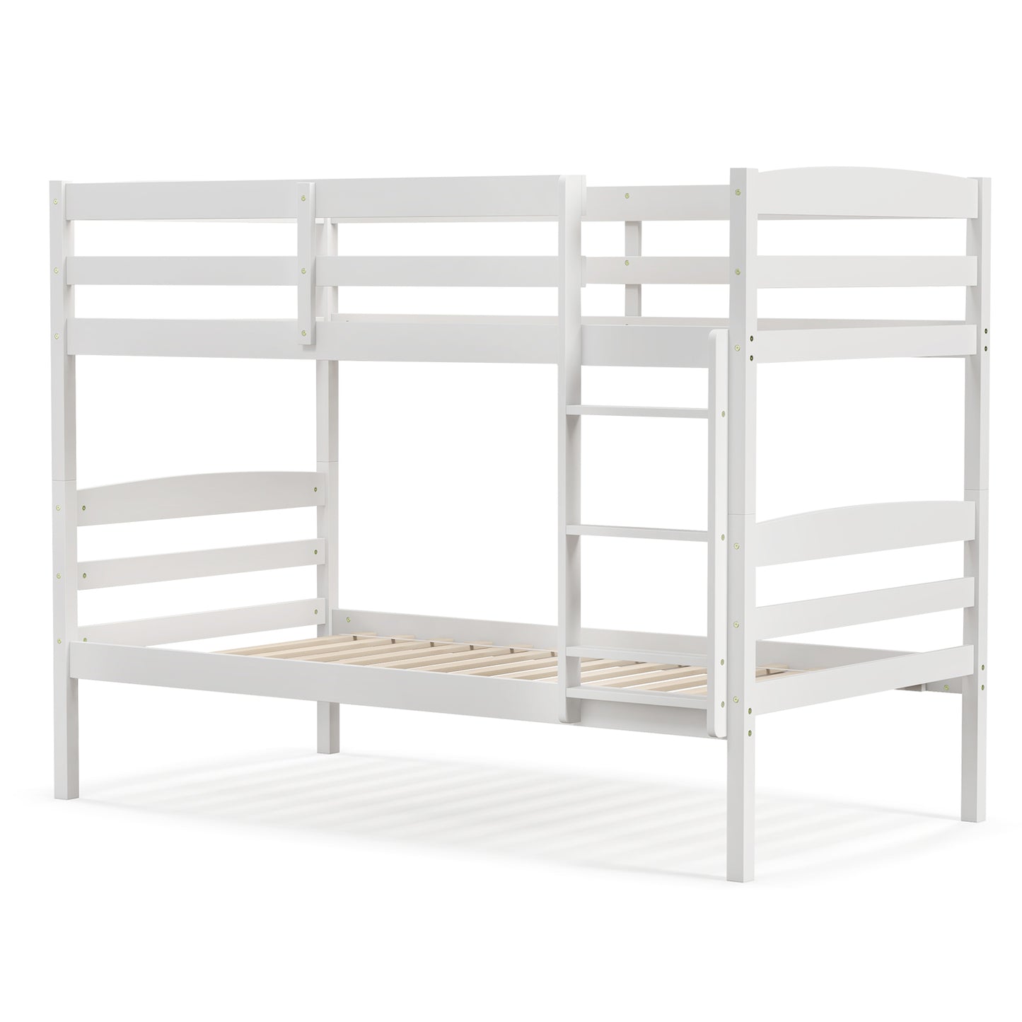 Solid Wood Twin Over Twin Bunk Bed Frame with High Guardrails and Integrated Ladder-Gray - White