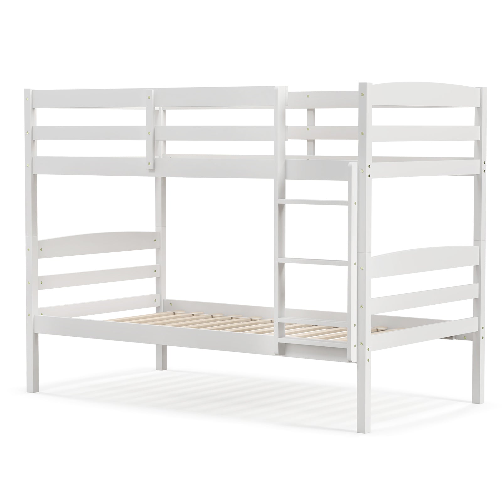 Solid Wood Twin Over Twin Bunk Bed Frame with High Guardrails and Integrated Ladder-Gray - White
