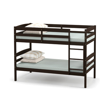 Solid Wood Twin Over Twin Bunk Bed Frame with High Guardrails and Integrated Ladder
