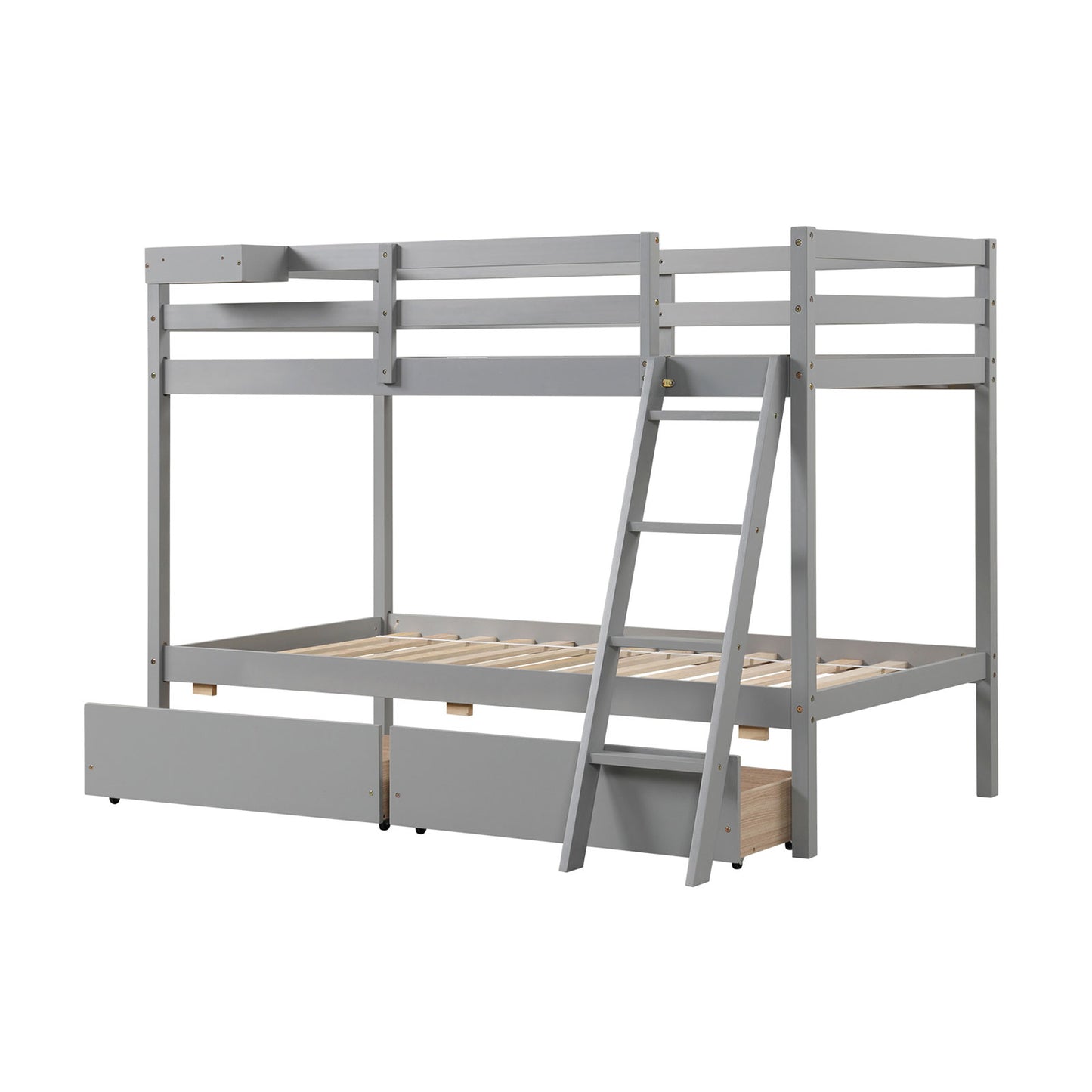 Twin Over Twin Bunk Bed Wood Bed Frame with 2 Storage Drawers and Ladder-Gray - Gray