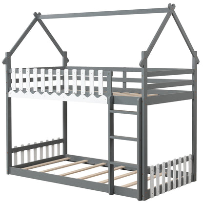 Twin Over Twin Bunk Bed with Fence and Ladder for Kids