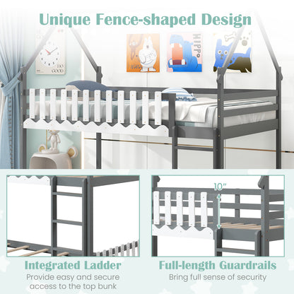 Twin Over Twin Bunk Bed with Fence and Ladder for Kids