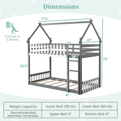 Twin Over Twin Bunk Bed with Fence and Ladder for Kids