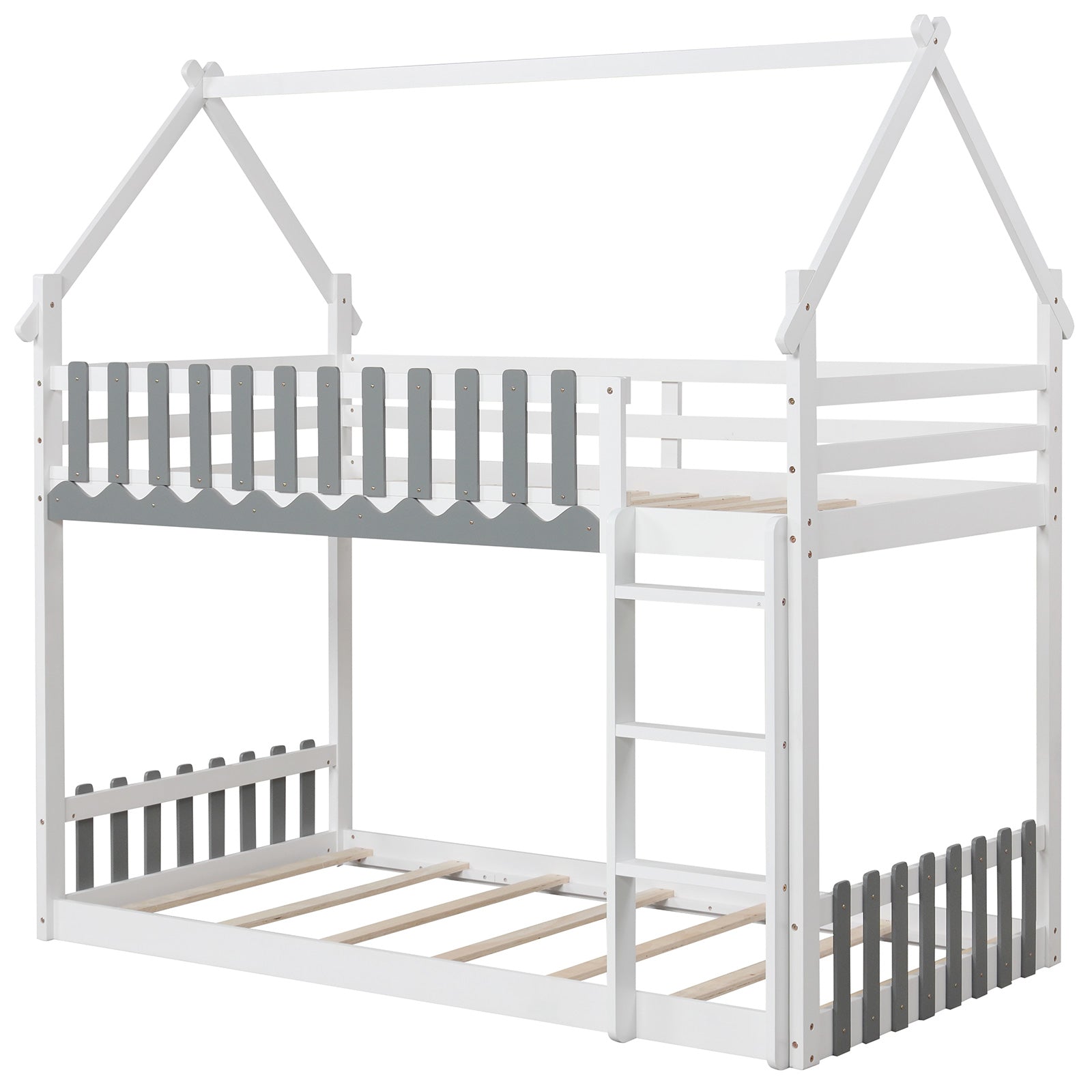 Twin Over Twin Bunk Bed with Fence and Ladder for Kids-White - White