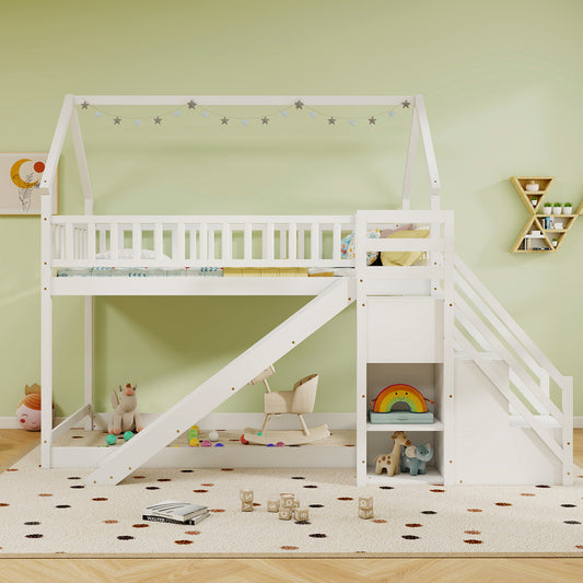 Twin Over Twin Bunk Bed with Slide and Staircase-White