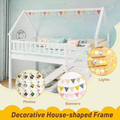 Twin Over Twin Bunk Bed with Slide and Staircase-White