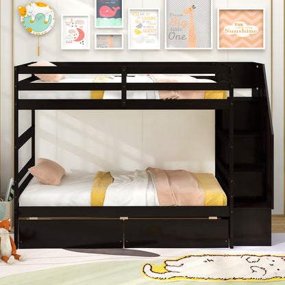Twin Over Twin Bunk Bed with Storage Stairs and Drawers