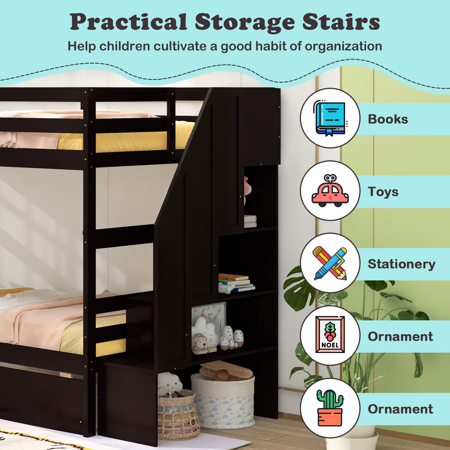 Twin Over Twin Bunk Bed with Storage Stairs and Drawers