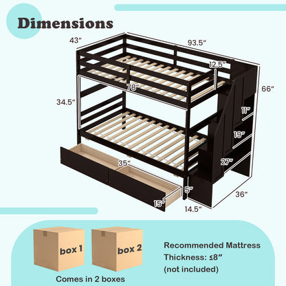 Twin Over Twin Bunk Bed with Storage Stairs and Drawers