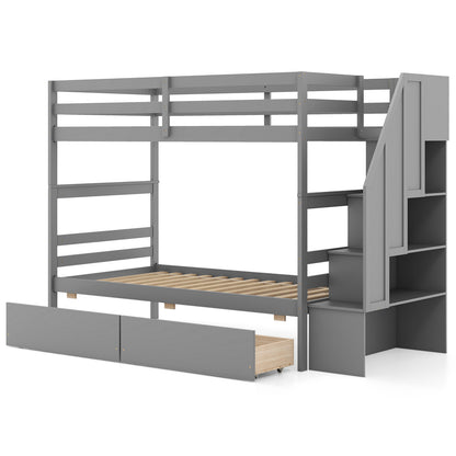 Twin Over Twin Bunk Bed with Storage Stairs and Drawers-Gray - Gray