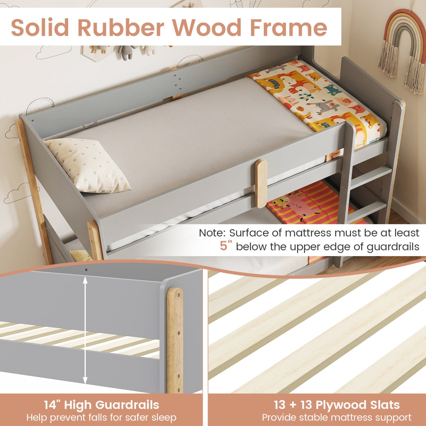 Twin Over Twin Bunk Bed with Convertible Design and Ladder