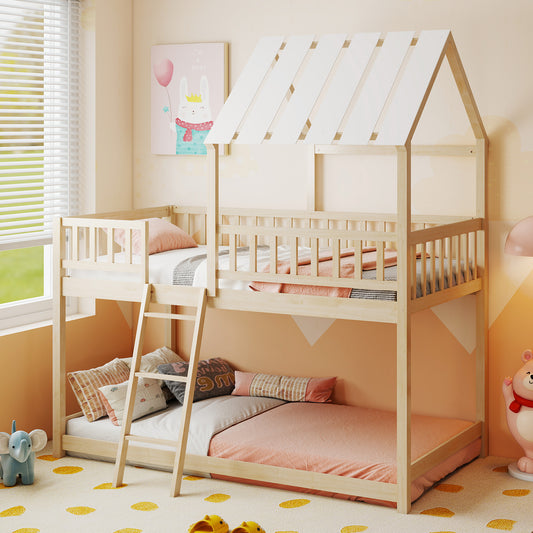 Twin Over Twin House Bunk Bed with Roof and Full-length Guardrails for Kids Teens Boys Girls-Natural