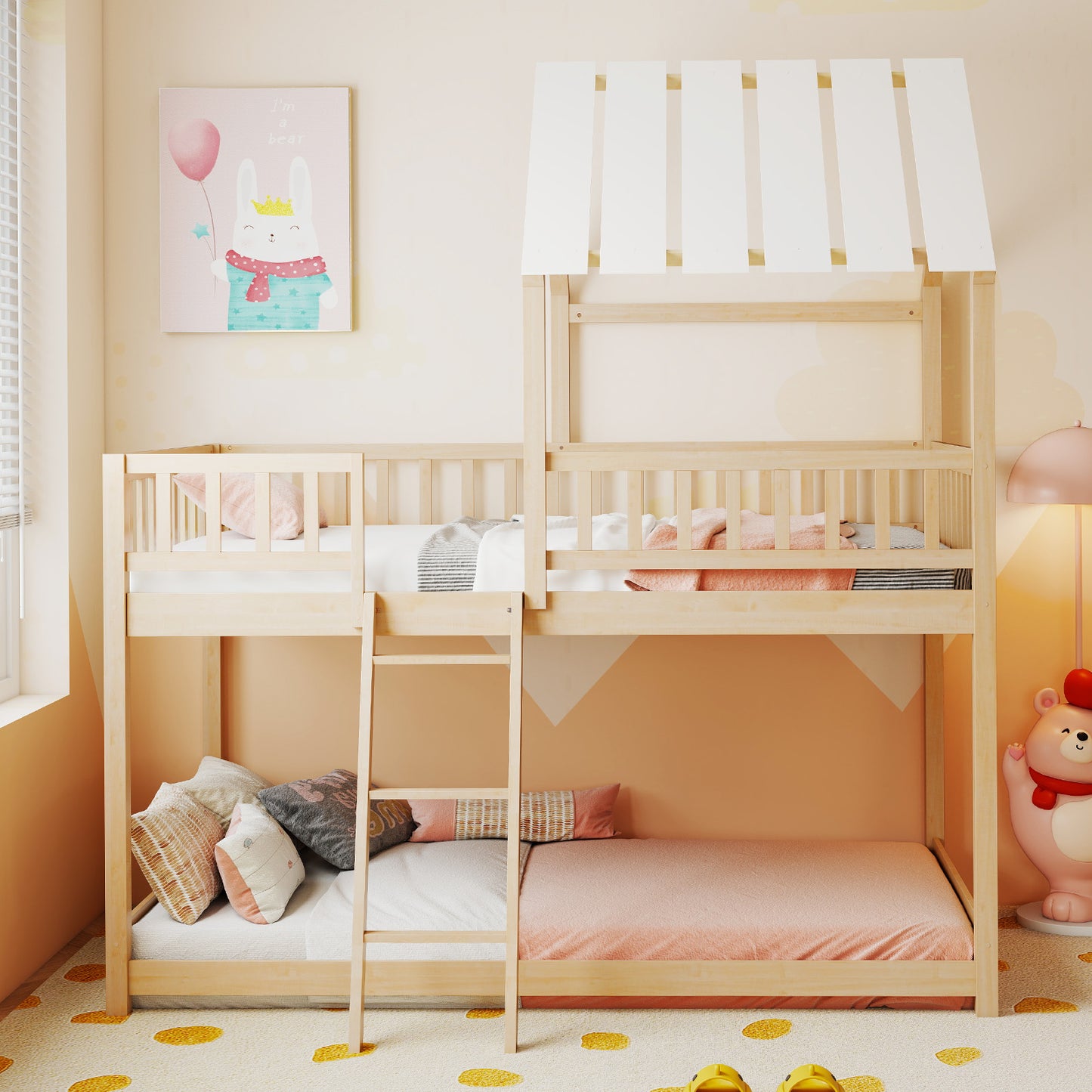 Twin Over Twin House Bunk Bed with Roof and Full-length Guardrails for Kids Teens Boys Girls-Natural