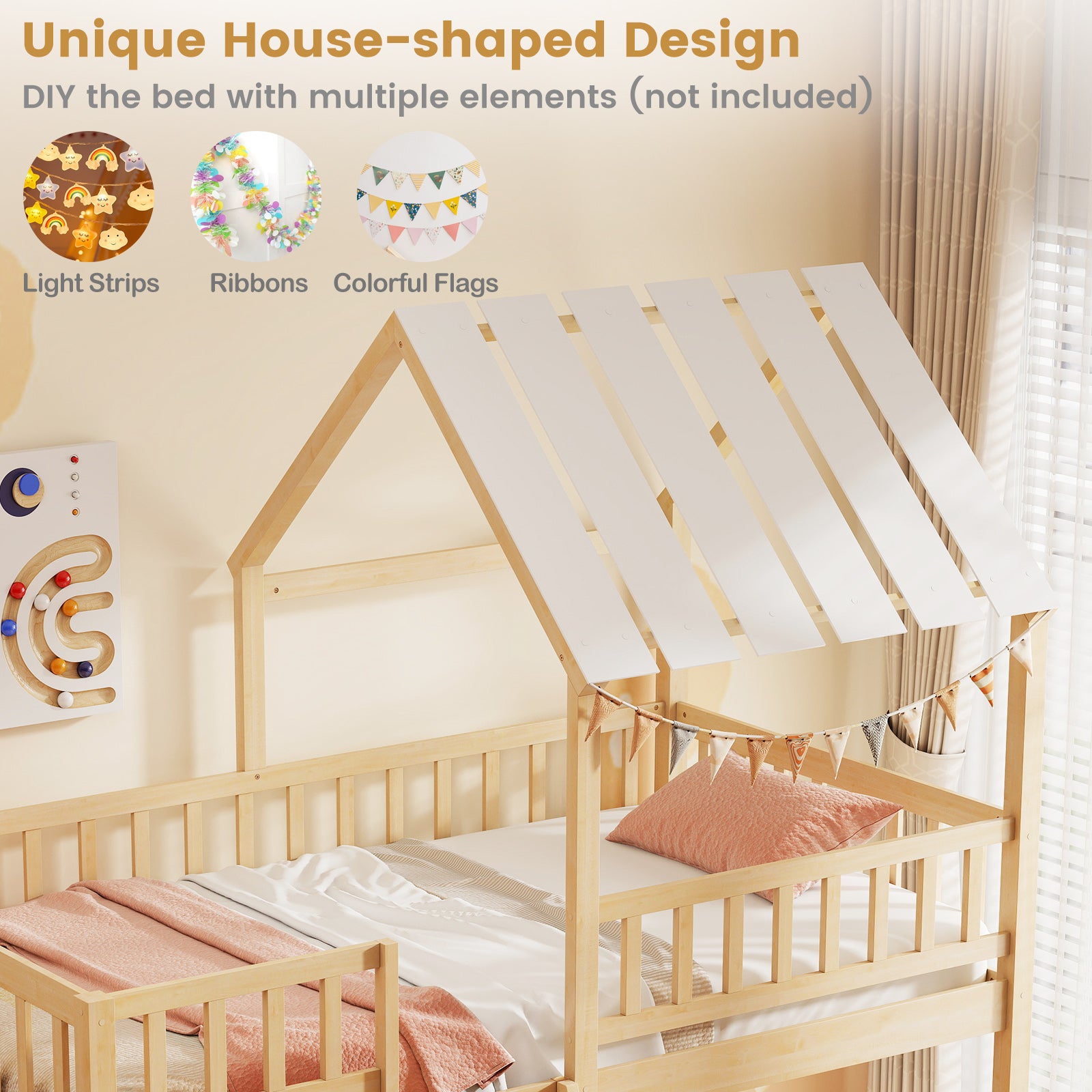 Twin Over Twin House Bunk Bed with Roof and Full-length Guardrails for Kids Teens Boys Girls-Natural