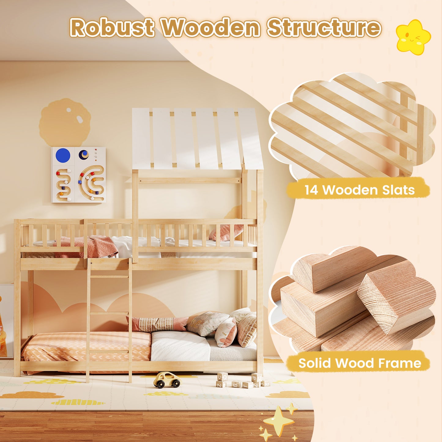 Twin Over Twin House Bunk Bed with Roof and Full-length Guardrails for Kids Teens Boys Girls-Natural