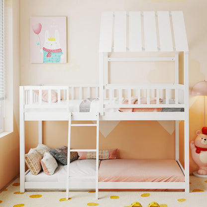 Twin Over Twin House Bunk Bed with Roof and Full-length Guardrails for Kids Teens Boys Girls-White