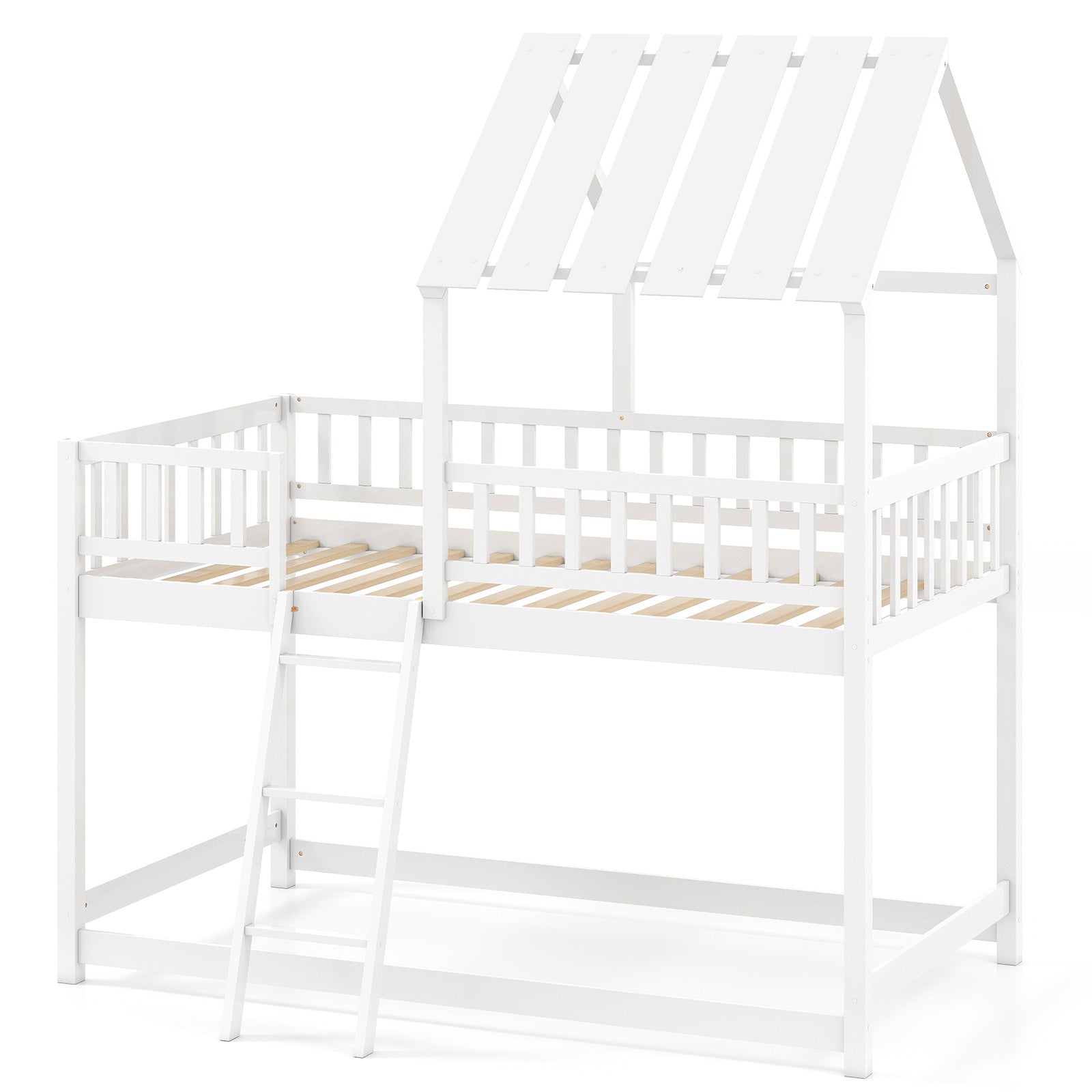 Twin Over Twin House Bunk Bed with Roof and Full-length Guardrails for Kids Teens Boys Girls-White