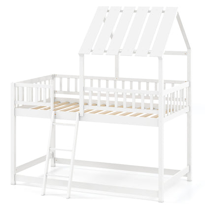 Twin Over Twin House Bunk Bed with Roof and Full-length Guardrails for Kids Teens Boys Girls-White
