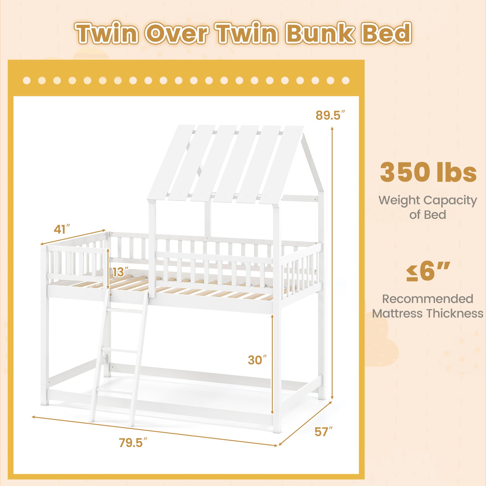 Twin Over Twin House Bunk Bed with Roof and Full-length Guardrails for Kids Teens Boys Girls-White