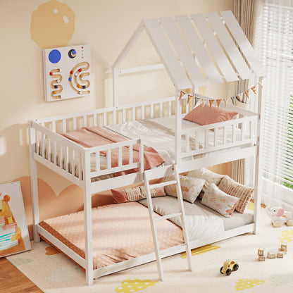 Twin Over Twin House Bunk Bed with Roof and Full-length Guardrails for Kids Teens Boys Girls-White
