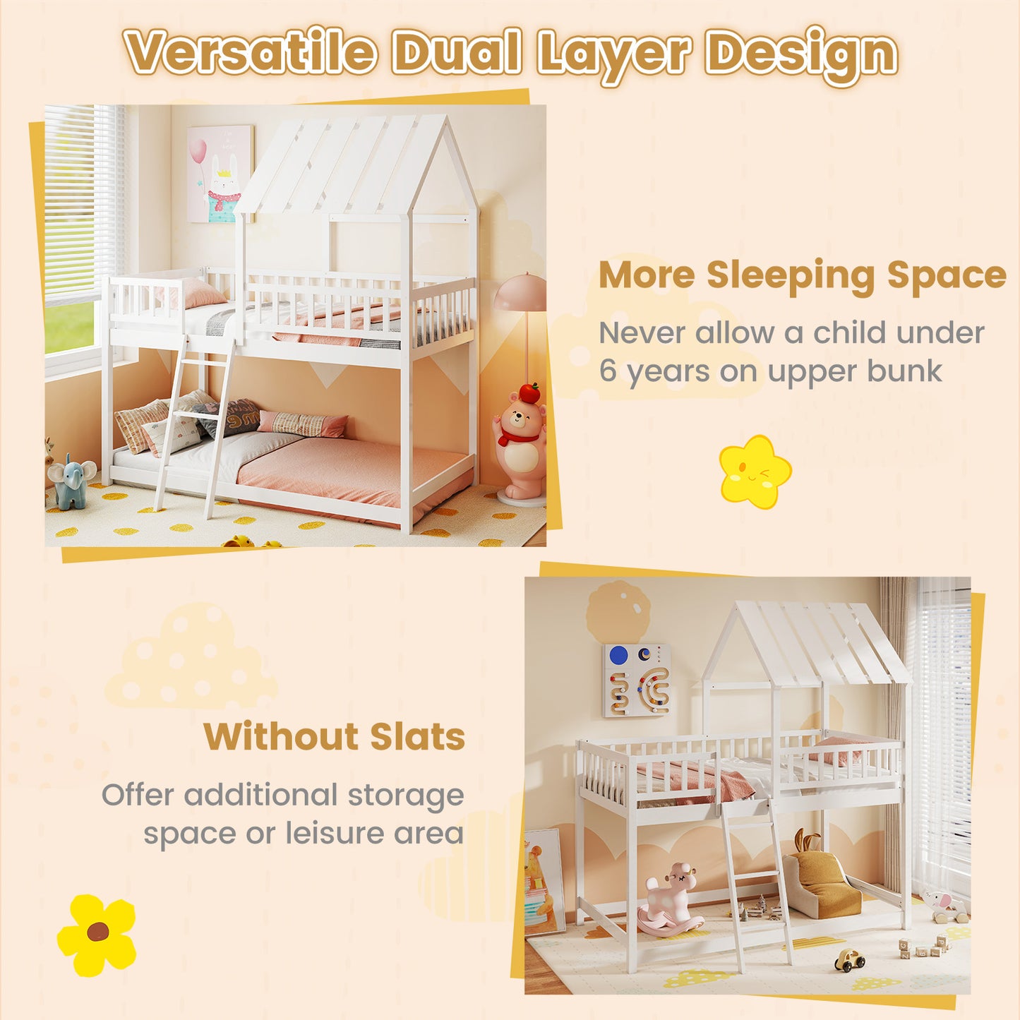Twin Over Twin House Bunk Bed with Roof and Full-length Guardrails for Kids Teens Boys Girls-White