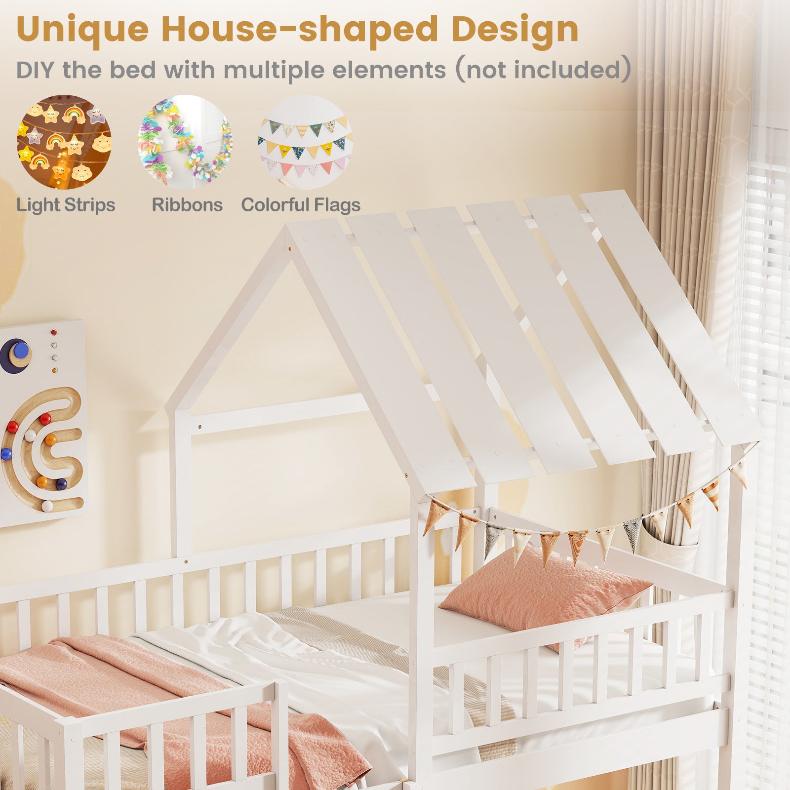 Twin Over Twin House Bunk Bed with Roof and Full-length Guardrails for Kids Teens Boys Girls-White