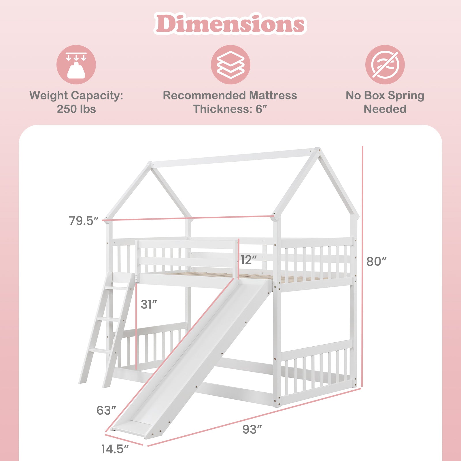 Twin Over Twin House Bunk Bed with Slide and Ladder-White