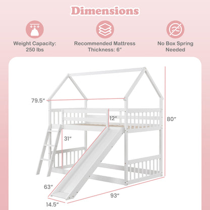 Twin Over Twin House Bunk Bed with Slide and Ladder-White
