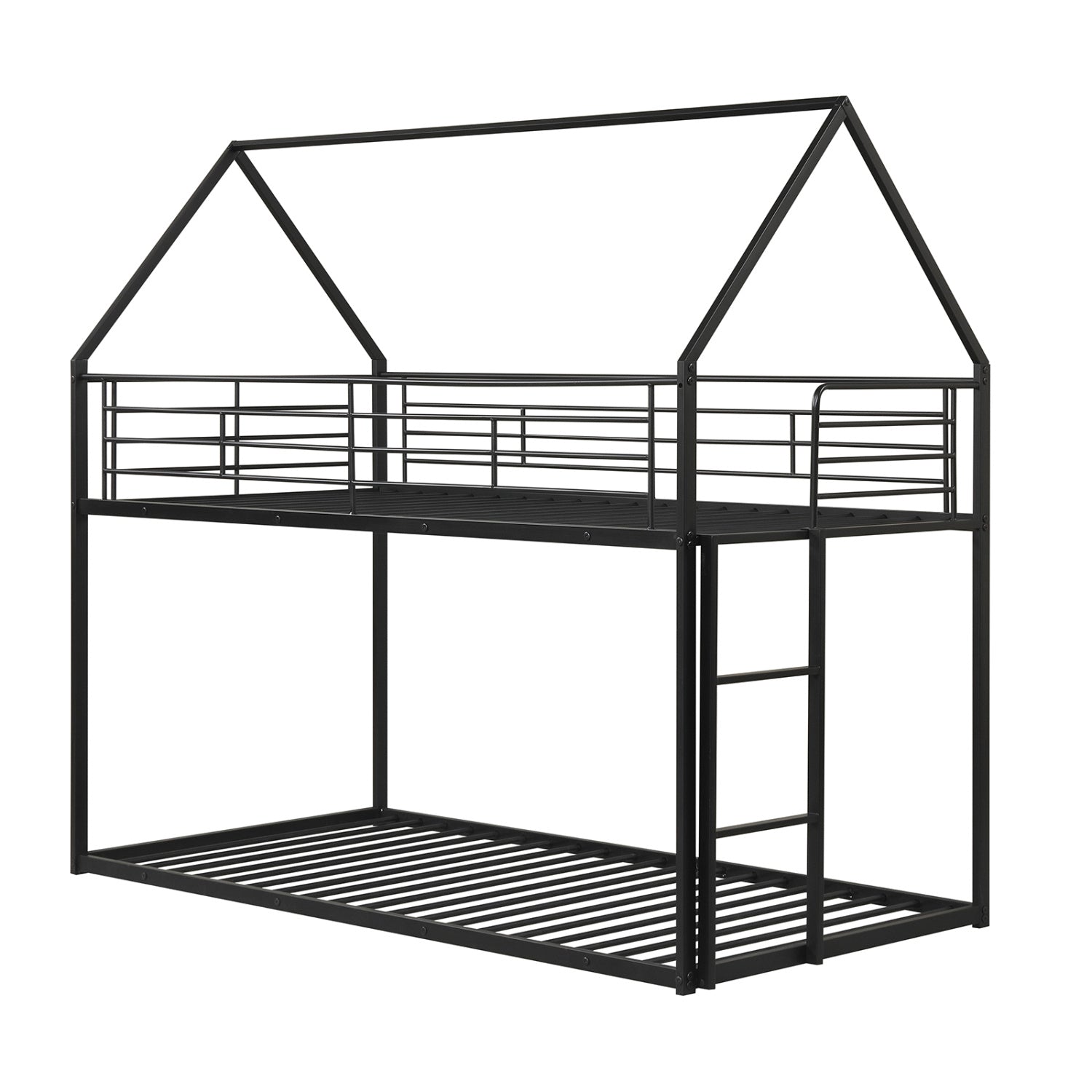 Twin Over Twin Metal Bunk Bed with Roof and Ladder-Black