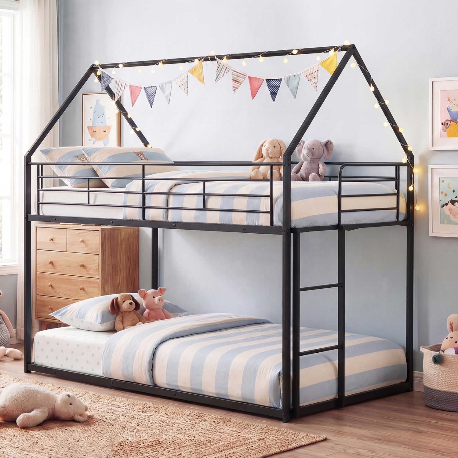 Twin Over Twin Metal Bunk Bed with Roof and Ladder-Black
