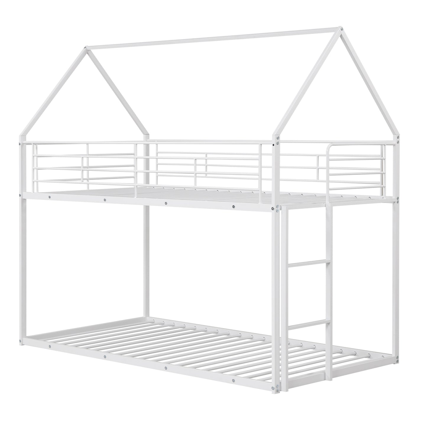 Twin Over Twin Metal Bunk Bed with Roof and Ladder-White