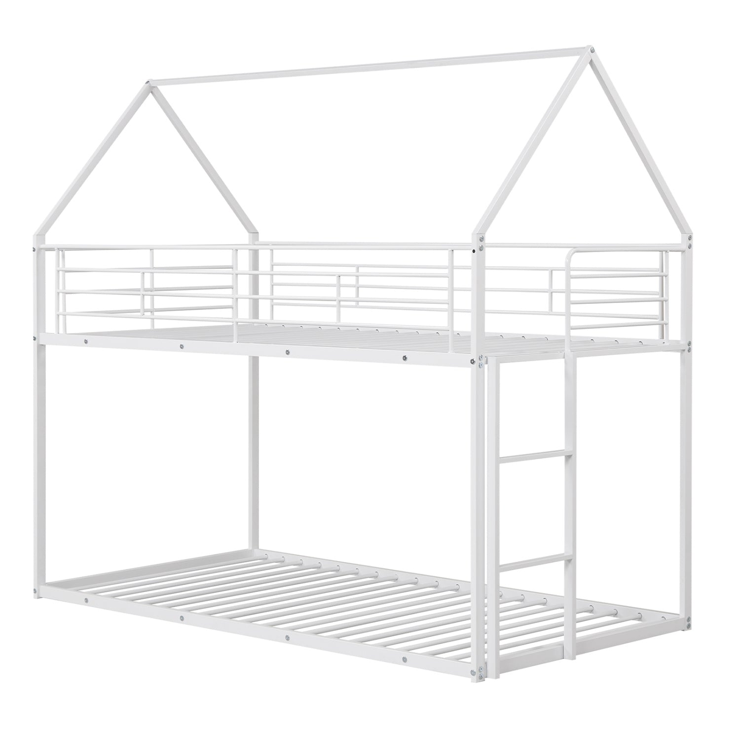 Twin Over Twin Metal Bunk Bed with Roof and Ladder-White