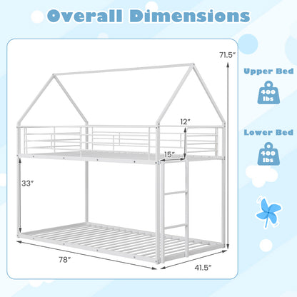 Twin Over Twin Metal Bunk Bed with Roof and Ladder-White