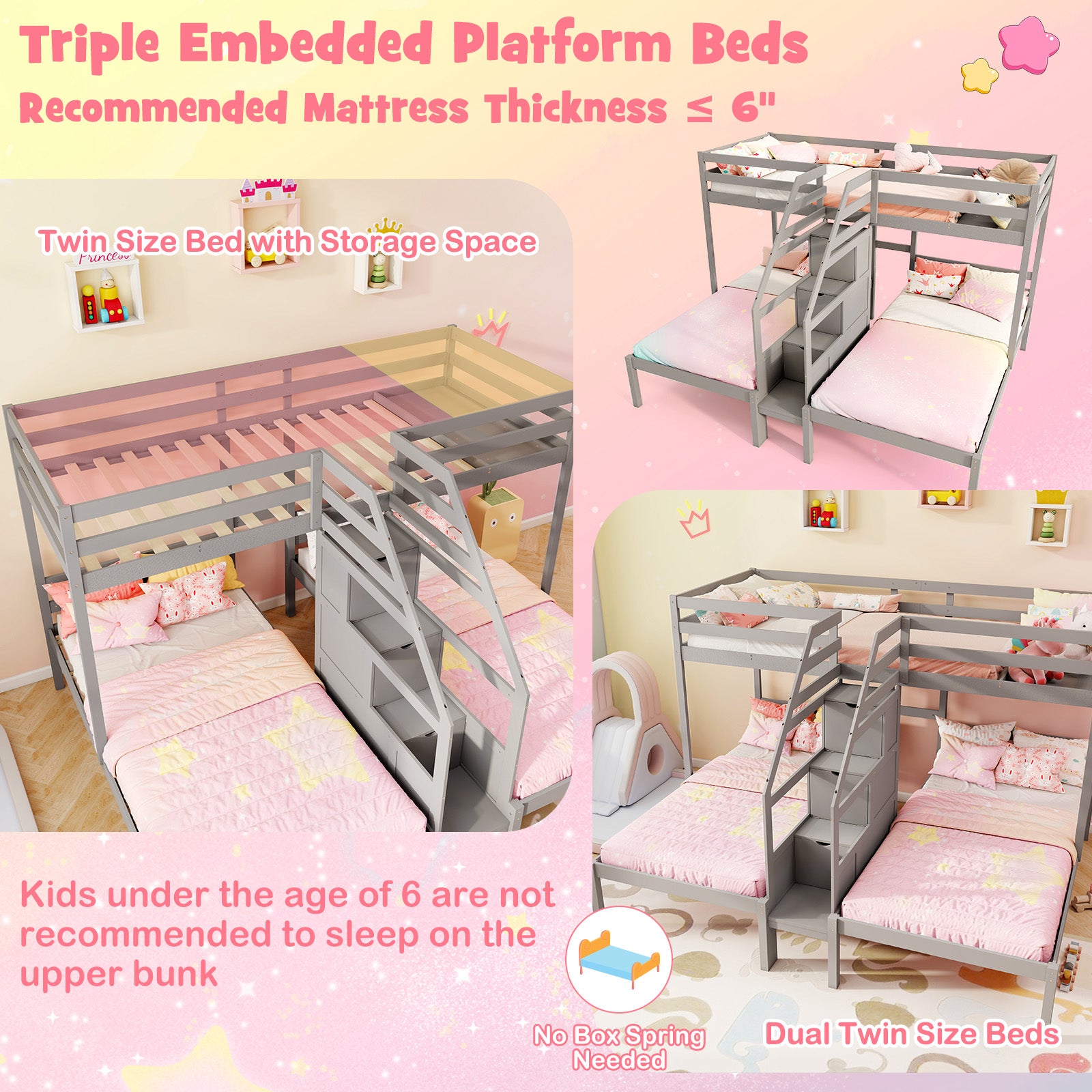 Twin Over Twin and Twin Bunk Bed with Storage Staircase and Guardrail for 3 Kids Teens-Gray