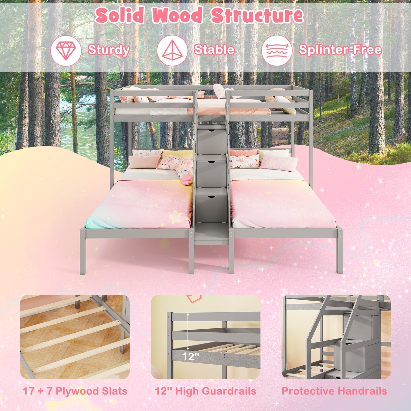Twin Over Twin and Twin Bunk Bed with Storage Staircase and Guardrail for 3 Kids Teens-Gray