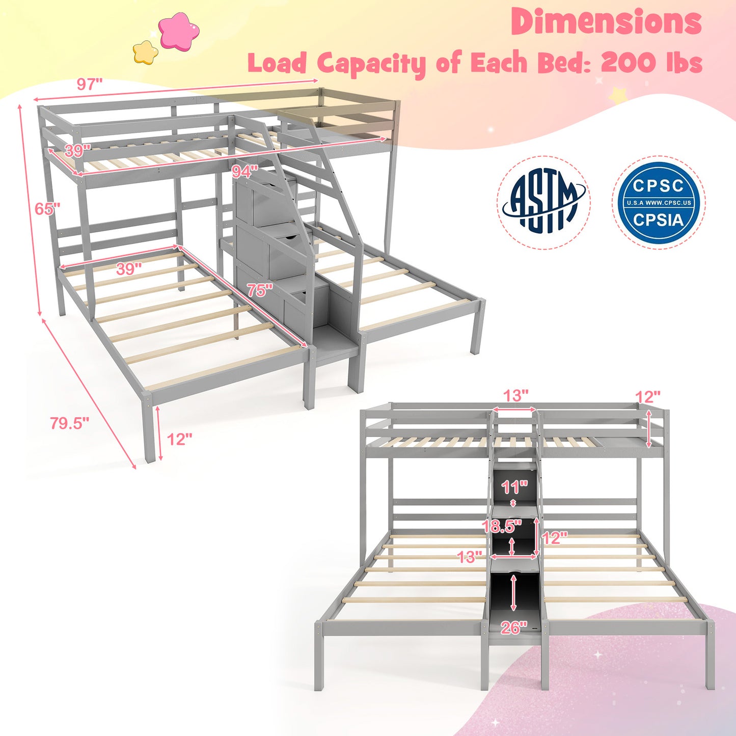 Twin Over Twin and Twin Bunk Bed with Storage Staircase and Guardrail for 3 Kids Teens-Gray