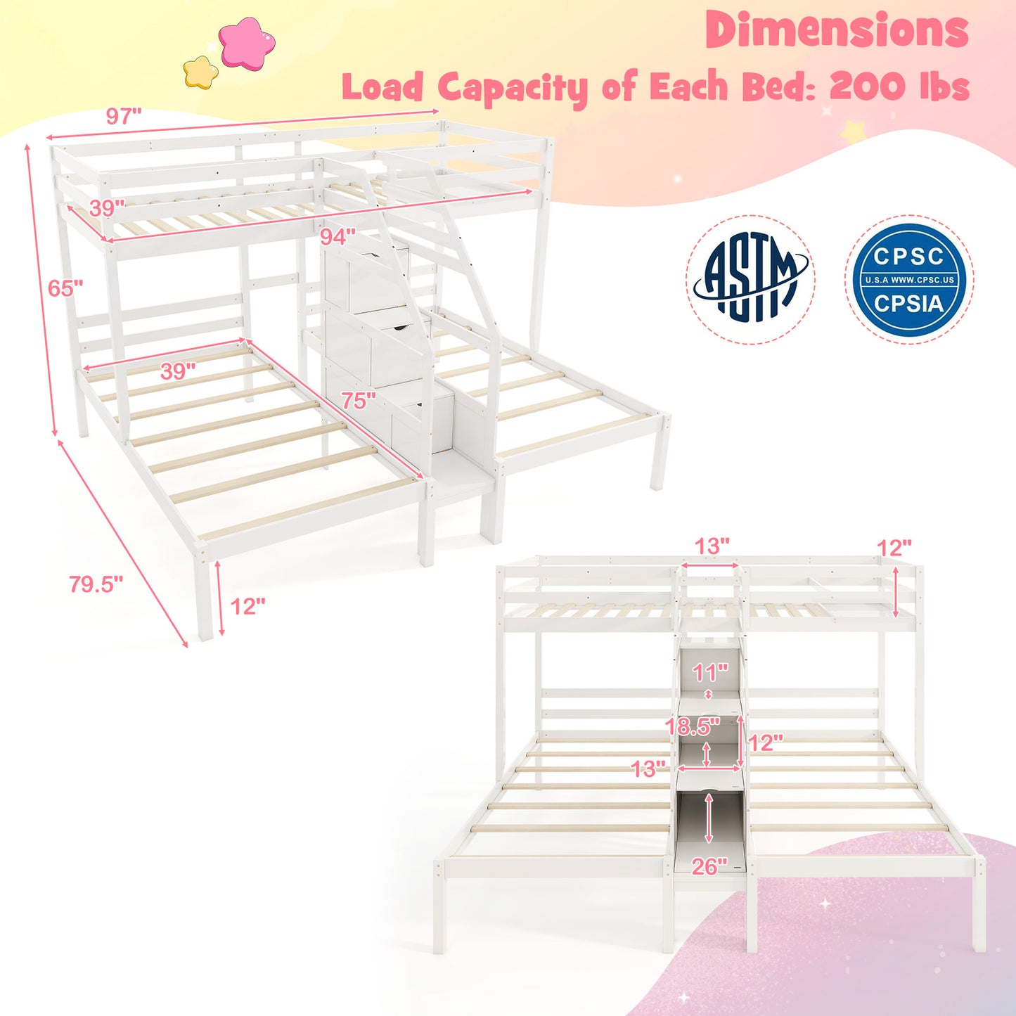 Twin Over Twin and Twin Bunk Bed with Storage Staircase and Guardrail for 3 Kids Teens-White