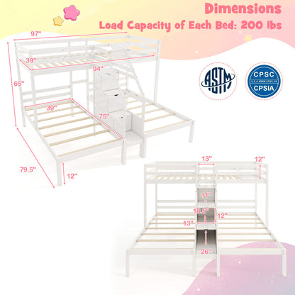 Twin Over Twin and Twin Bunk Bed with Storage Staircase and Guardrail for 3 Kids Teens-White