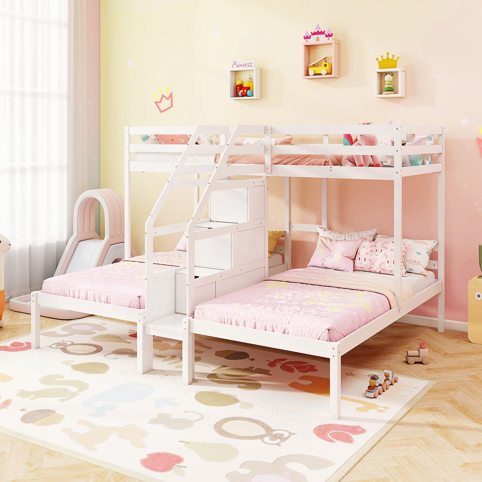 Twin Over Twin and Twin Bunk Bed with Storage Staircase and Guardrail for 3 Kids Teens-White