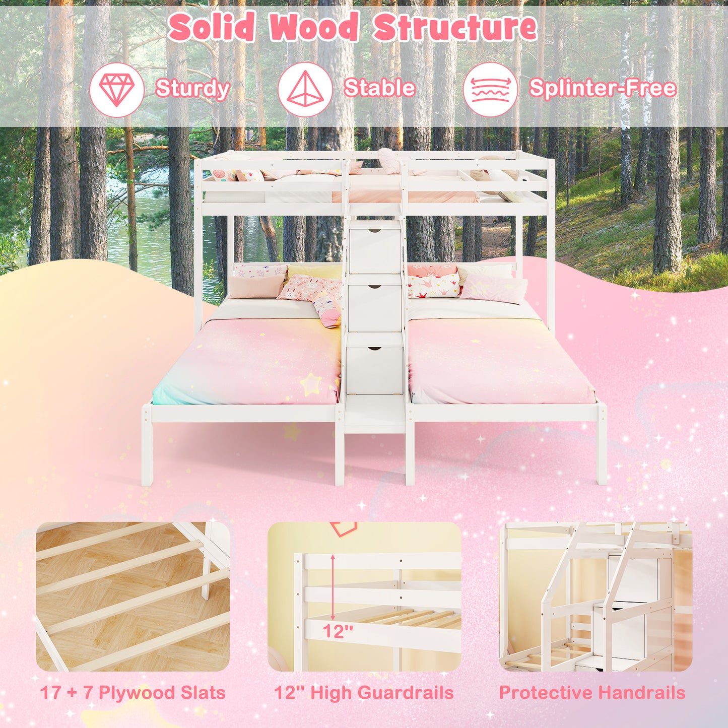 Twin Over Twin and Twin Bunk Bed with Storage Staircase and Guardrail for 3 Kids Teens-White