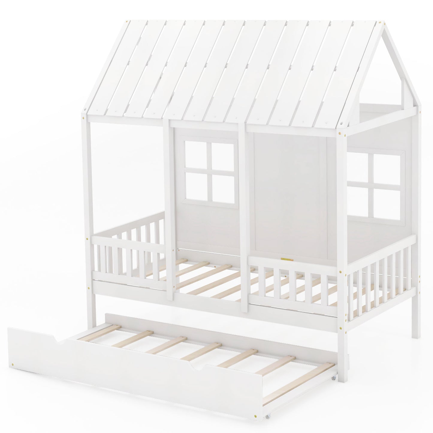Twin Size Bed Frame House Bed with Trundle and 82 Inch Tall Roof-White - White