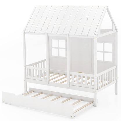 Twin Size Bed Frame House Bed with Trundle and 82 Inch Tall Roof-White - White