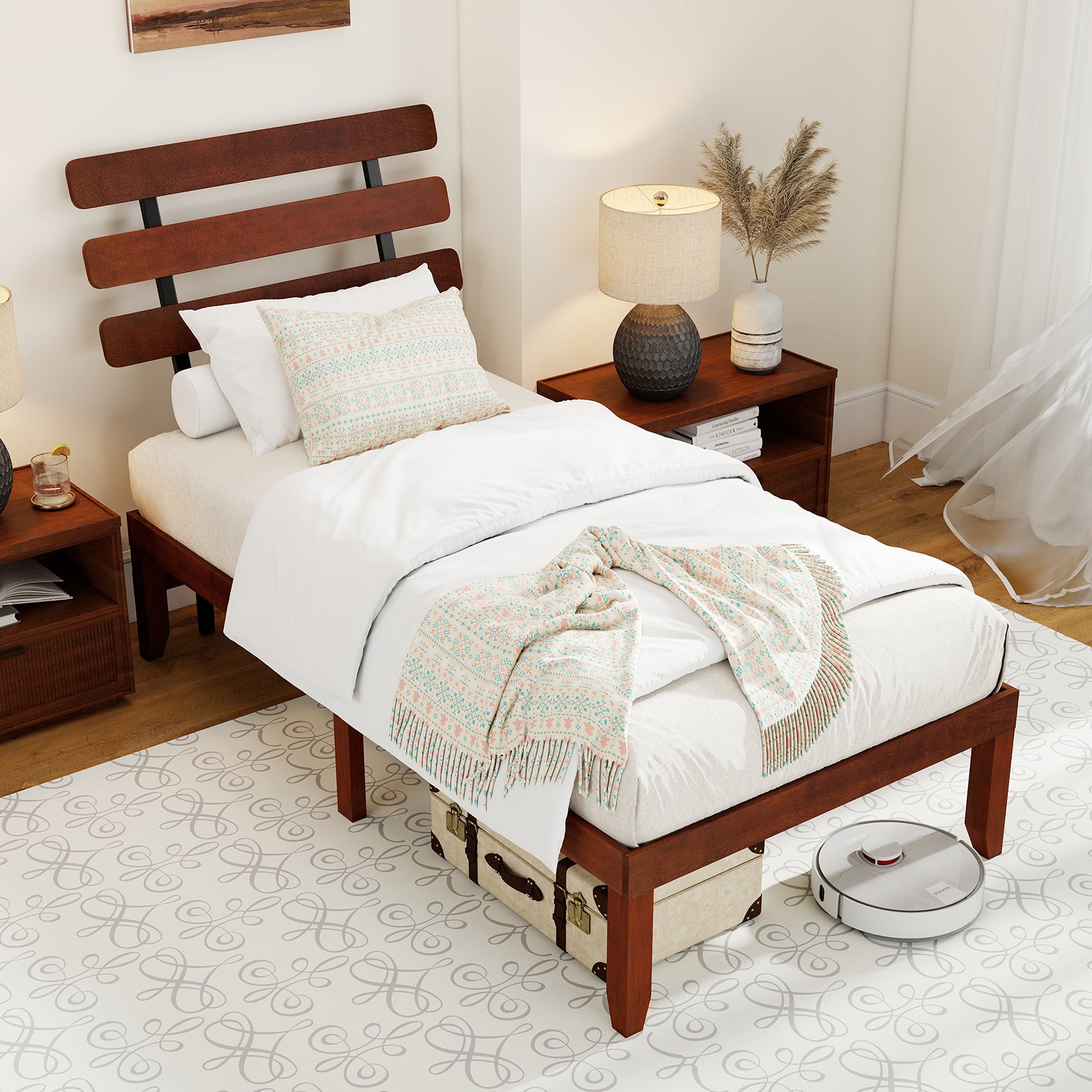 Twin Size Bed Frame 15.5 Inch Solid Wood Platform Bed with Retro Headboard